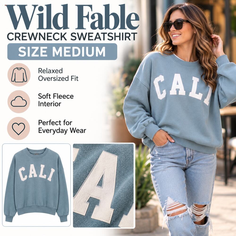 Wild Fable CALI Sweatshirt Medium Blue White Varsity Letters Oversized NWT